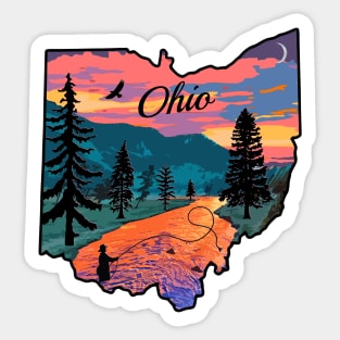 Ohio State Map Mountain Sunset River Fishing Retro Sticker